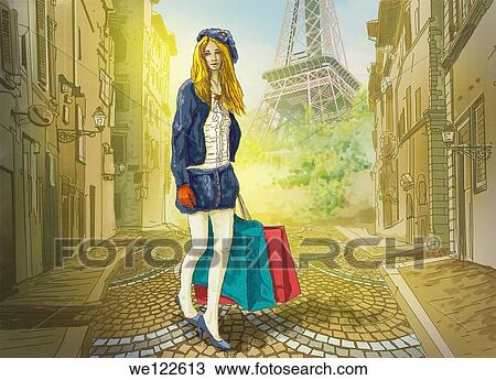 Woman walking with shopping bags in street with Eiffel Tower in the background, Paris, France View Large Photo Image Stock Image - Woman walking with shopping bags in street with Eiffel Tower in the background, Paris, France. Fotosearch