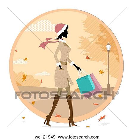 Woman walking with shopping bags in autumn View Large Photo Image Stock Photo - Woman walking with shopping bags in autumn. Fotosearch