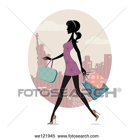 Stock Photography - Woman walking with shopping bags. Fotosearch