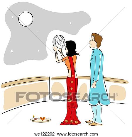 Woman watching moon through a sieve at Karva Chauth View Large Photo Image Stock Image - Woman watching moon through a sieve at Karva Chauth. Fotosearch