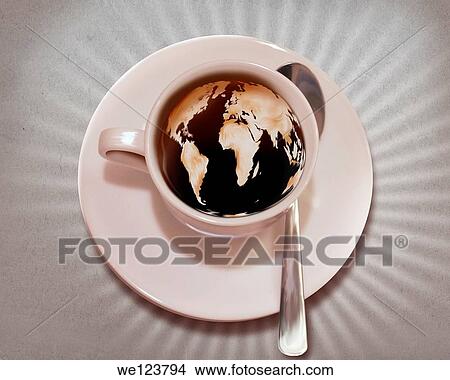 Picture - Close-up of world map imprinted in coffee representing morning coffee.. Fotosearch