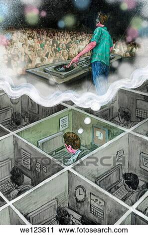 Illustration of businessman thinking of being in a DJ party. View Large Photo Image Stock Image - Illustration of businessman thinking of being in a DJ party.. Fotosearch