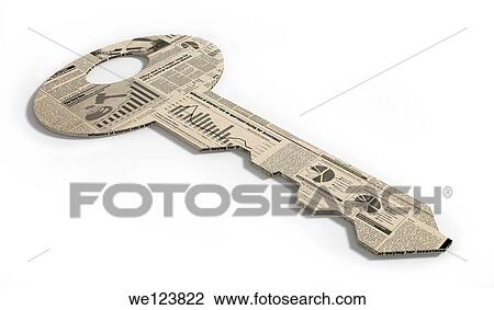 Stock Image - Illustration of key made up of financial newspaper over white background.. Fotosearch
