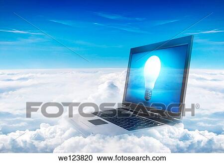 Stock Image - Illustration of laptop over cloudscape showing lit bulb on screen representing cloud computing.. Fotosearch