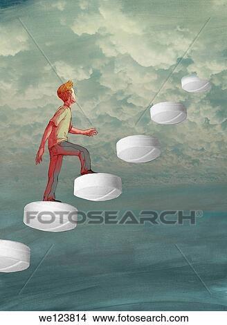 Illustration of man climbing up tablets towards cloudy sky representing drug addiction. View Large Photo Image Picture - Illustration of man climbing up tablets towards cloudy sky representing drug addiction.. Fotosearch
