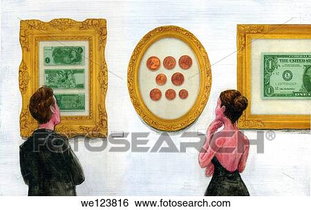 Illustration of people watching precious currencies in art gallery. View Large Photo Image Stock Photograph - Illustration of people watching precious currencies in art gallery.. Fotosearch