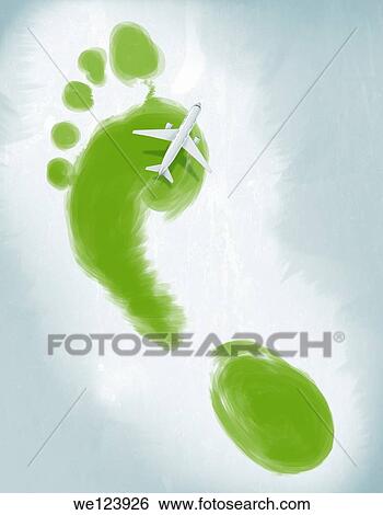 Illustrative image of air plane flying over green footprint representing green travel. View Large Photo Image Stock Photograph - Illustrative image of air plane flying over green footprint representing green travel.. Fotosearch