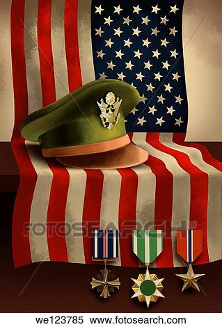 Stock Photography - Illustrative image of American flag with medals and military cap representing patriotism.. Fotosearch