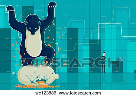 Stock Photograph - Illustrative image of bear crushing piggybank representing loss in bear market.. Fotosearch