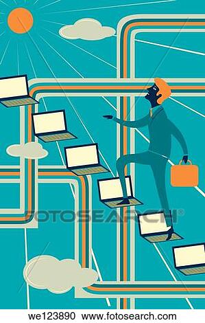 Illustrative image of businessman climbing laptops representing ladder of success. View Large Photo Image Stock Image - Illustrative image of businessman climbing laptops representing ladder of success.. Fotosearch