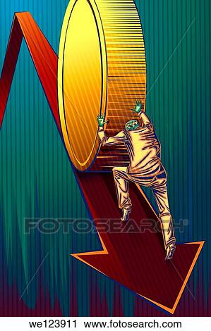 Stock Image - Illustrative image of businessman pushing coin on arrow sign representing recovery of loss.. Fotosearch
