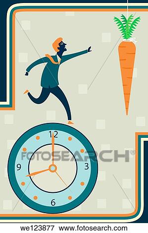 Stock Photo - Illustrative image of businessman running on clock reaching carrot representing desire for incentives.. Fotosearch