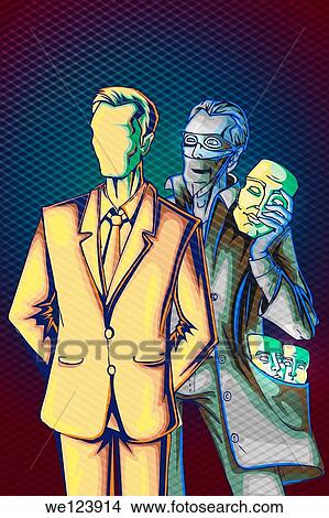 Illustrative image of businessman with identity thief holding mask representing internet hacking. View Large Photo Image Picture - Illustrative image of businessman with identity thief holding mask representing internet hacking.. Fotosearch