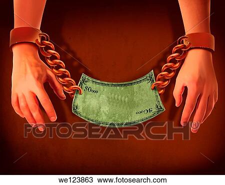 Stock Image - Illustrative image of businessman's hands with handcuffs and bill representing business crime.. Fotosearch