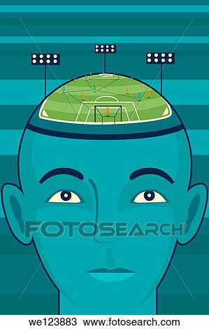 Stock Image - Illustrative image of businessman's head with soccer field representing business strategy.. Fotosearch