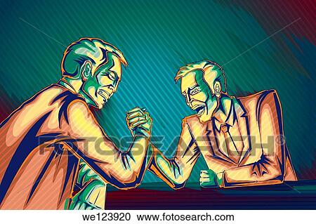 Stock Image - Illustrative image of businessmen arm wrestling representing business war.. Fotosearch