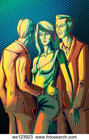Stock Image - Illustrative image of businessmen harassing businesswoman representing woman harassment.. Fotosearch