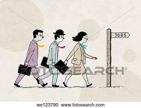 Stock Image - Illustrative image of candidates walking towards "jobs" sign representing recruitment.. Fotosearch