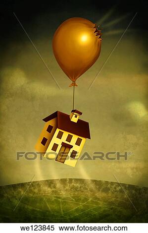 Illustrative image of house floating away with damaged balloon representing crash in real estate. View Large Photo Image Stock Photography - Illustrative image of house floating away with damaged balloon representing crash in real estate.. Fotosearch