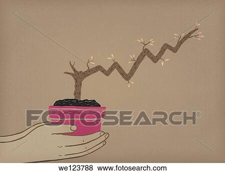 Stock Photo - Illustrative image of human hands holding potted plant with stem grows like a stock chart representing business growth.. Fotosearch