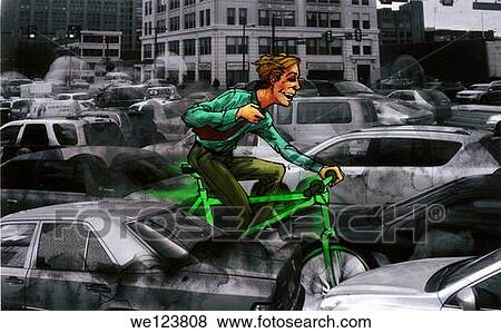 Illustrative image of man riding green bicycle through heavy traffic. View Large Photo Image Stock Photo - Illustrative image of man riding green bicycle through heavy traffic.. Fotosearch