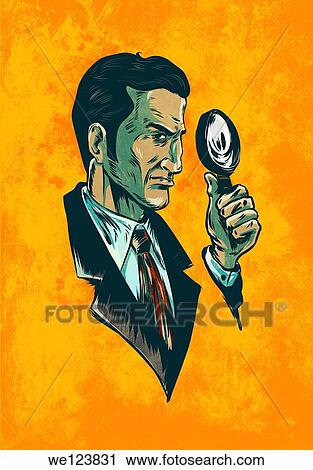 Stock Image - Illustrative image of man with magnifying glass representing spy agent over orange background.. Fotosearch