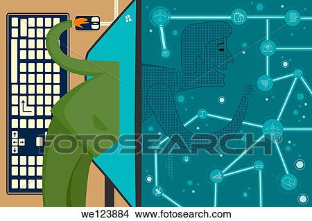 Illustrative image of man's head inserted in computer monitor representing E-commerce. View Large Photo Image Picture - Illustrative image of man's head inserted in computer monitor representing E-commerce.. Fotosearch