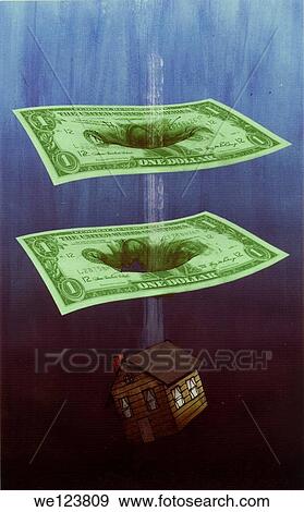 Illustrative image of model home falling through paper bills representing loss in real estate business. View Large Photo Image Stock Photo - Illustrative image of model home falling through paper bills representing loss in real estate business.. Fotosearch