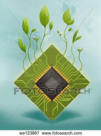 Illustrative image of plants growing on microchip representing go green concept. View Large Photo Image Stock Photo - Illustrative image of plants growing on microchip representing go green concept.. Fotosearch