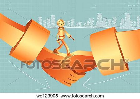 Stock Photography - Illustrative image of robotic businessman walking on handshake representing merger.. Fotosearch