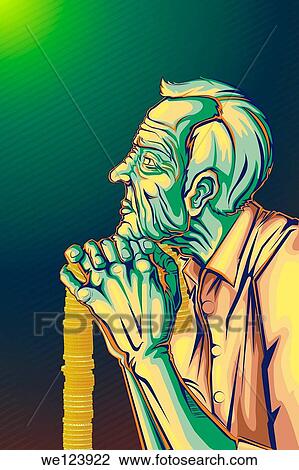 Illustrative image of senior man holding stick made up of coins representing retirement savings. View Large Photo Image Stock Image - Illustrative image of senior man holding stick made up of coins representing retirement savings.. Fotosearch