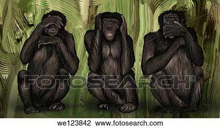 Illustrative image of three monkeys covering eyes, ears and mouth representing immorality. View Large Photo Image Stock Image - Illustrative image of three monkeys covering eyes, ears and mouth representing immorality.. Fotosearch