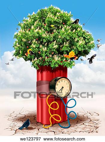 Illustrative image of tree wrapped with time bomb representing threat to nature. View Large Photo Image Stock Photo - Illustrative image of tree wrapped with time bomb representing threat to nature.. Fotosearch