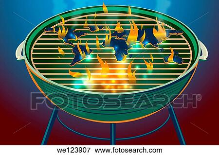 Stock Photo - Illustrative image of world map burning on barbecue representing global warming.. Fotosearch