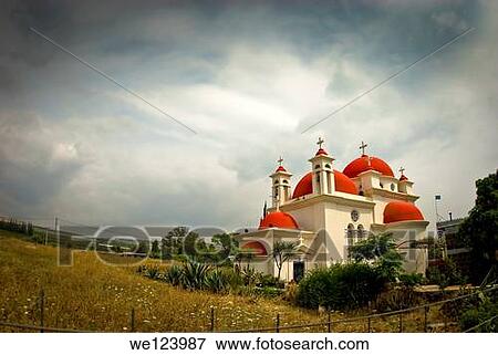Stock Photo - Israel, Capernaum by the Sea of Galilee, Exterior of the Greek Orthodox Church of the Twelve Apostles.. Fotosearch