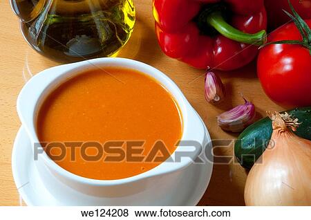 Stock Photo - Gazpacho with ingredients. Andalucia, Spain.. Fotosearch