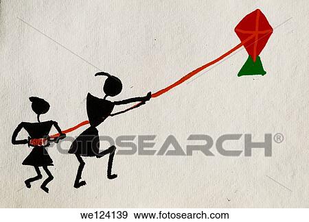 Stock Photo - warli drawing Boys flying a kite Poona, Maharashtra, India.. Fotosearch