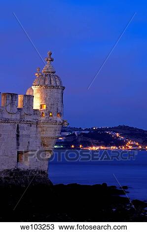 Belém Tower at dusk, Torre de Belém built by Francisco de Arruda, Lisbon, Portugal View Large Photo Image Stock Image - Belém Tower at dusk, Torre de Belém built by Francisco de Arruda, Lisbon, Portugal. Fotosearch