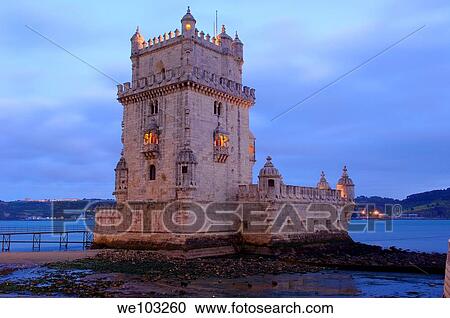 Belém Tower at dusk, Torre de Belém built by Francisco de Arruda, Lisbon, Portugal View Large Photo Image Stock Image - Belém Tower at dusk, Torre de Belém built by Francisco de Arruda, Lisbon, Portugal. Fotosearch
