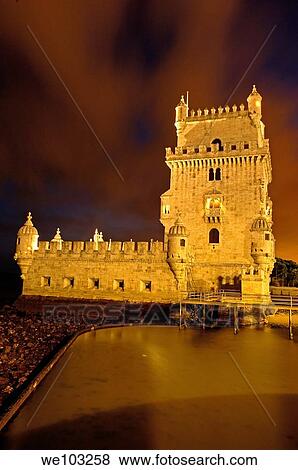 Belém Tower at dusk, Torre de Belém built by Francisco de Arruda, Lisbon, Portugal View Large Photo Image Stock Photo - Belém Tower at dusk, Torre de Belém built by Francisco de Arruda, Lisbon, Portugal. Fotosearch