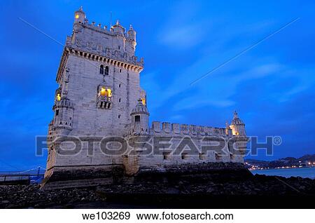 Belém Tower at dusk, Torre de Belém built by Francisco de Arruda, Lisbon, Portugal View Large Photo Image Stock Photo - Belém Tower at dusk, Torre de Belém built by Francisco de Arruda, Lisbon, Portugal. Fotosearch