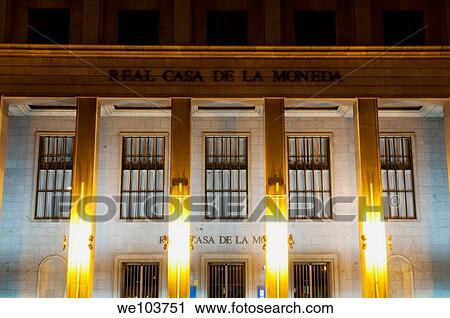 Stock Image - Casa de la Moneda museum, night view. Madrid, Spain.. Fotosearch