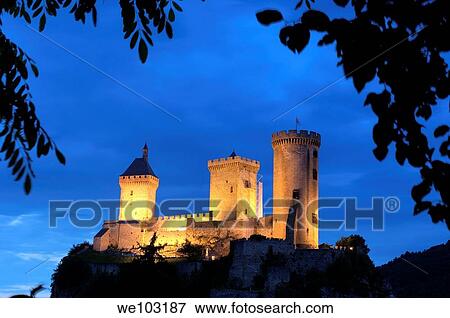 Chateau de Foix castle at dusk, Cathar Country, Ariege, Midi Pyrenees, France View Large Photo Image Stock Photo - Chateau de Foix castle at dusk, Cathar Country, Ariege, Midi Pyrenees, France. Fotosearch