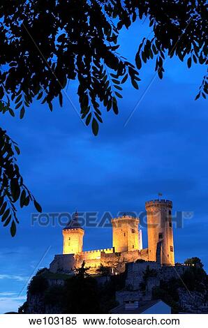 Chateau de Foix castle at dusk, Cathar Country, Ariege, Midi Pyrenees, France View Large Photo Image Stock Photography - Chateau de Foix castle at dusk, Cathar Country, Ariege, Midi Pyrenees, France. Fotosearch