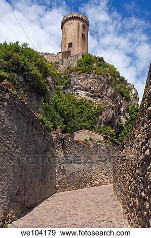 Chateau de Foix castle, Foix, Cathar Country, Ariege, Midi Pyrenees, France View Large Photo Image Stock Photo - Chateau de Foix castle, Foix, Cathar Country, Ariege, Midi Pyrenees, France. Fotosearch