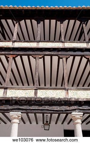 Detail of the balconies and arcade, Plaza Mayor. Tembleque, Toledo province, Castilla La Mancha, Spain. View Large Photo Image Stock Photograph - Detail of the balconies and arcade, Plaza Mayor. Tembleque, Toledo province, Castilla La Mancha, Spain.. Fotosearch