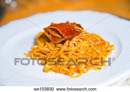 Stock Image - Fettuccine pasta with lobster sauce. Fotosearch