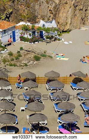 Stock Image - Playa de Calahonda Calahonda Beach, view from Balcon de Europa Balcony of Europe, Nerja, Costa del Sol Malaga province Andalusia Spain. Fotosearch