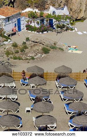 Stock Image - Playa de Calahonda Calahonda Beach, view from Balcon de Europa Balcony of Europe, Nerja, Costa del Sol Malaga province Andalusia Spain. Fotosearch