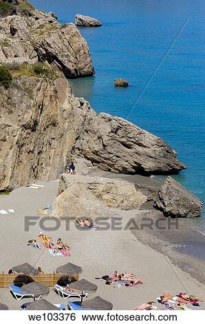 Stock Photograph - Playa de Calahonda Calahonda Beach, view from Balcon de Europa Balcony of Europe, Nerja, Costa del Sol Malaga province Andalusia Spain. Fotosearch